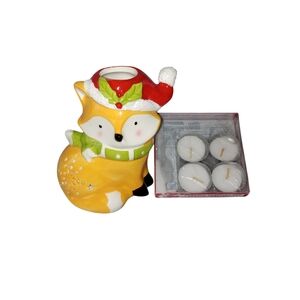 Fox Christmas 6 Inch Tea light Candle Holder With Santa Hat Ceramic Figurine